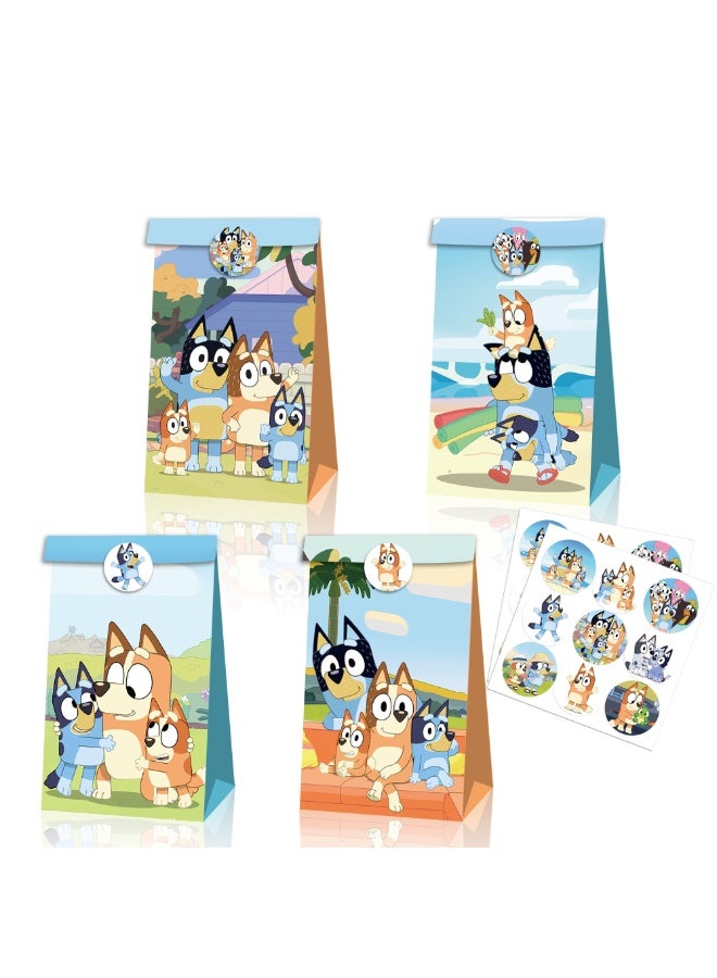 ILovhaprty 30pcs Bluey Party Favor Bags with Stickers – 12 Bluey Double-Sided Designd Candy Bags + 18 Round Stickers, Loot Bags for Bluey Birthday Party Supplies Bluey Gift Bags for Kids Family - Image 1